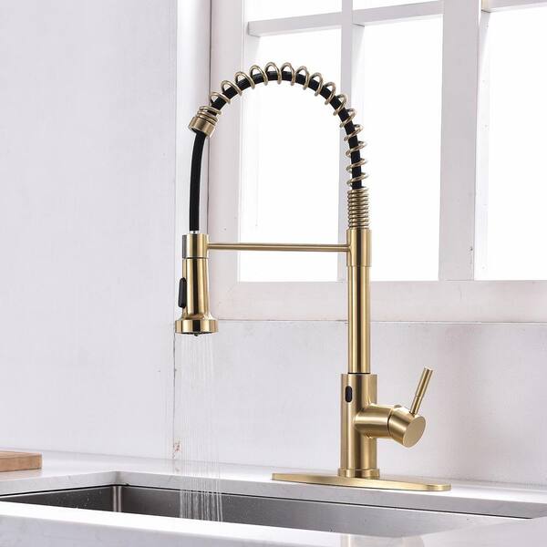YOHOM Stainless Steel Brushed Gold Kitchen Faucet with Pull Down Dual Function Sprayer Modern Kitchen Sink Faucet Single Handle One Hole Black Silicone Hose