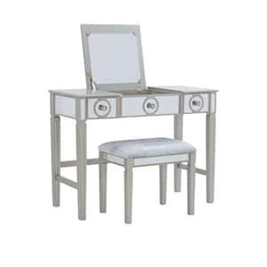 Katarina Silver Vanity Set with Mirrored Accents and Silver Velvet Upholstered Stool