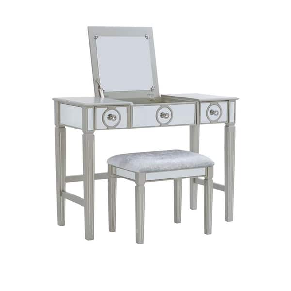 Linon Home Decor Katarina Silver Vanity Set with Mirrored Accents and Silver Velvet Upholstered Stool