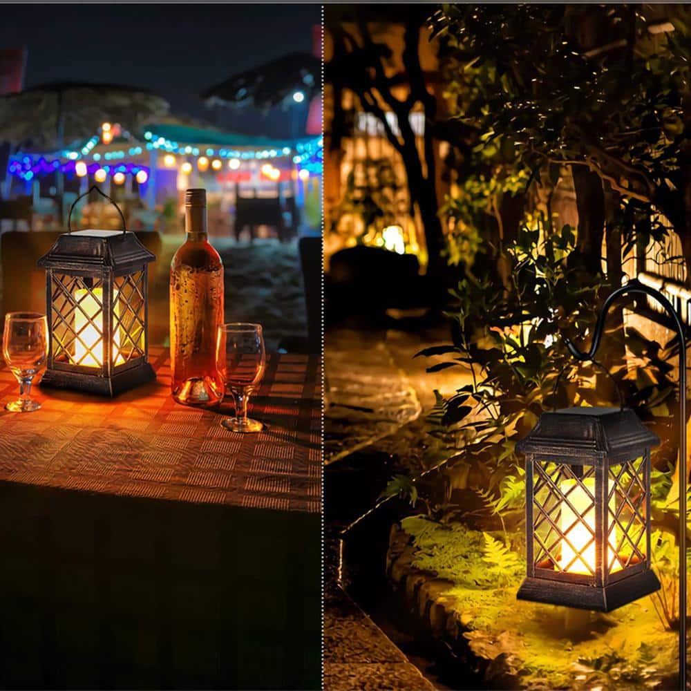 Bronze Outdoor Flickering Flame Metal Solar Lanterns, 2 Pack