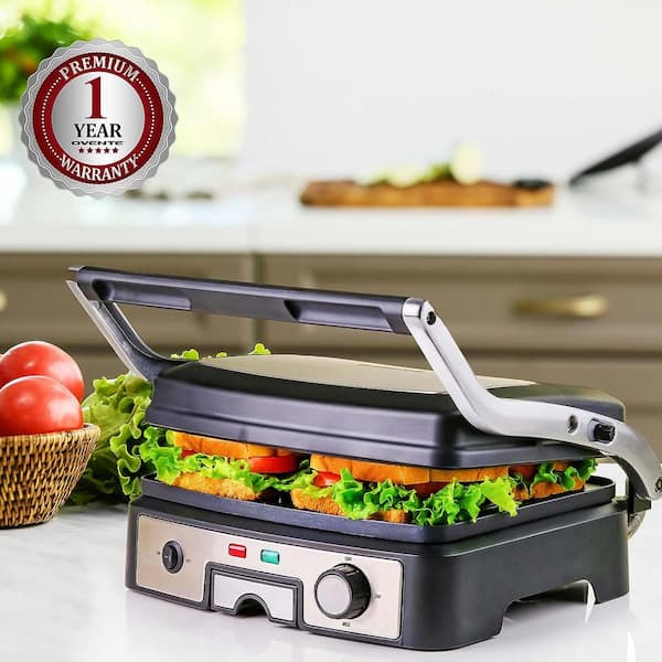 OVENTE Electric Panini Press Sandwich Maker with Non-Stick Coated Plates,  Opens 180 Degrees to Fit Any Type or Size of Food, 1000W Indoor Grill