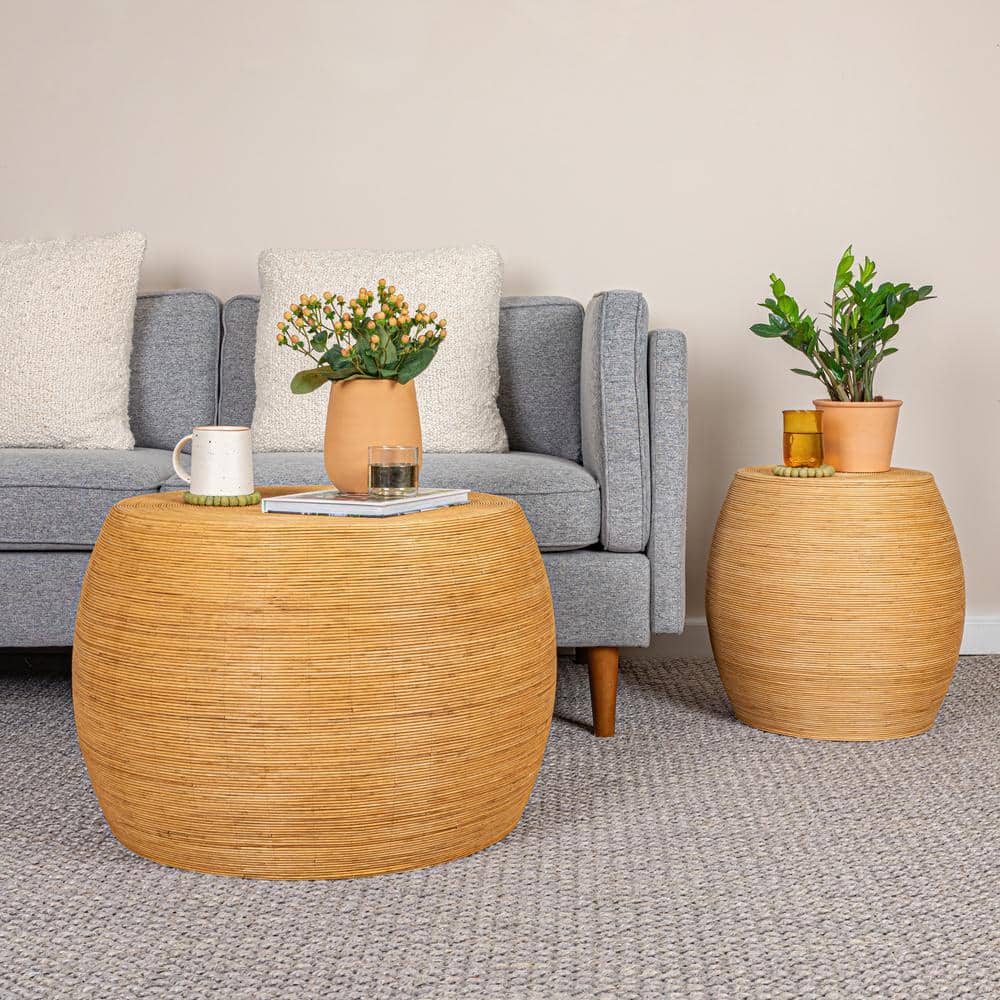Natural Rattan Round Barrel Accent Table with Wood Frame