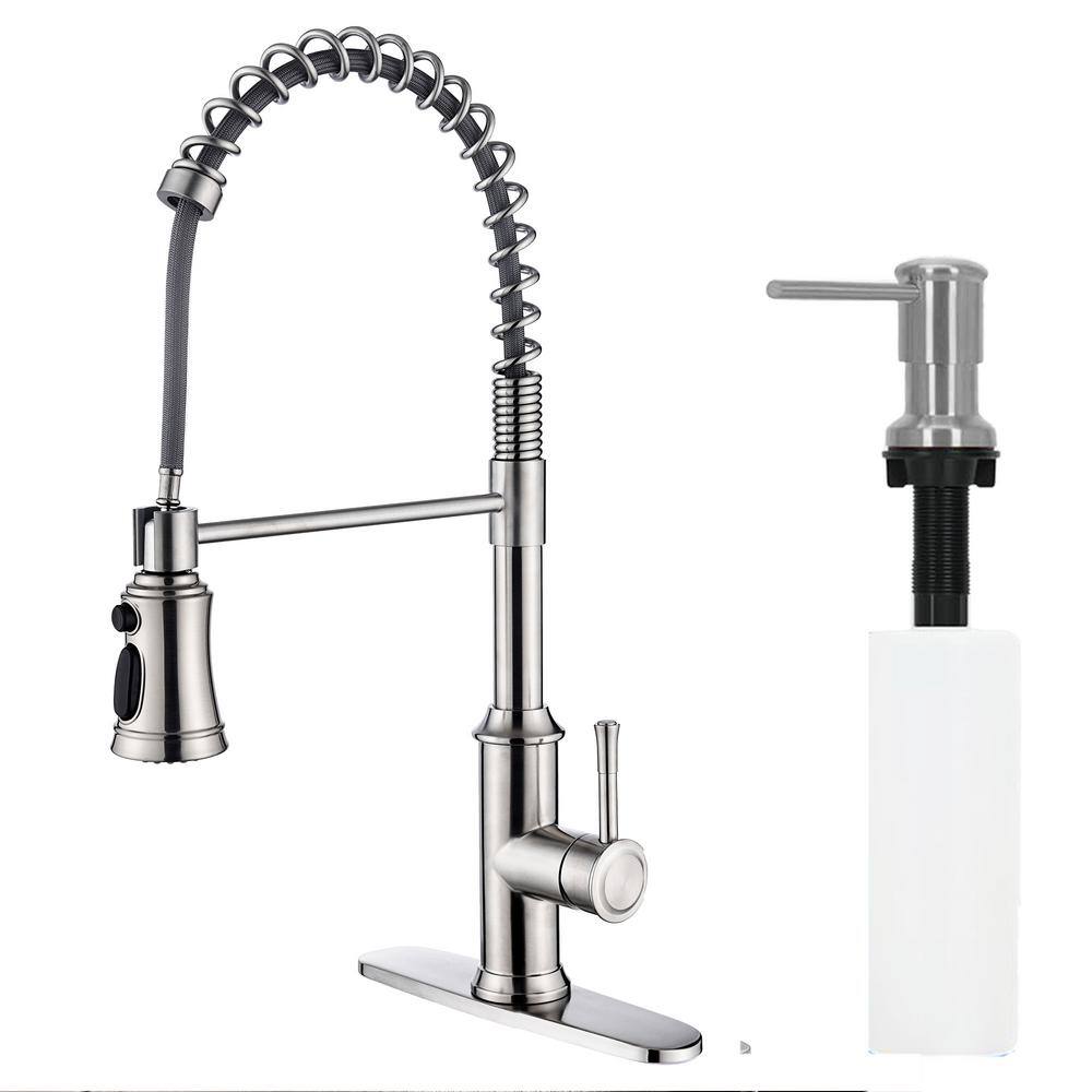 Single Handle Pull Down Sprayer Kitchen Faucet with Soap Dispenser in Stainless Steel Brushed Nickel