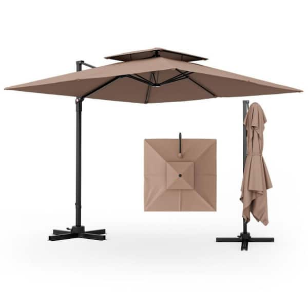 Kadehome 9.5 ft. Aluminium Cantilever Patio Umbrella in Coffee with 360° Rotation, Double Top, Quick Open Button, Offset Umbrella