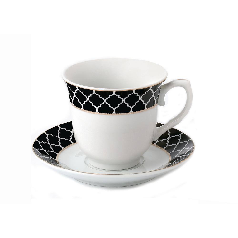 Elegant Black and Gold Porcelain Tea Cups and Saucers Set, 8 oz