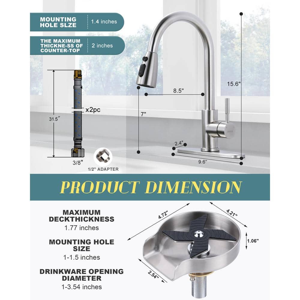 Brushed Nickel Pull Down Kitchen Faucet with Glass Rinser