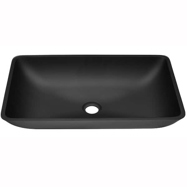 tunuo Glass Rectangular Vessel Bathroom Sink in Black Set with Black Faucet and Pop-Up Drain in Black