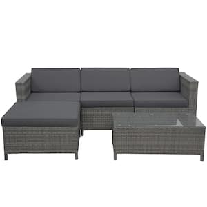 5-Piece Gray Wicker Outdoor L Shaped Sectional Sofa Set with Coffee Table Dark Gray Cushions for Porch Balcony