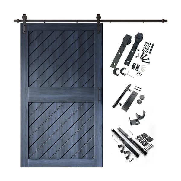 HOMACER XT1 50 in. x 84 in. C-Panel Navy Slanted Stripe Design Solid Pine Wood Sliding Barn Door with Hardware Kit