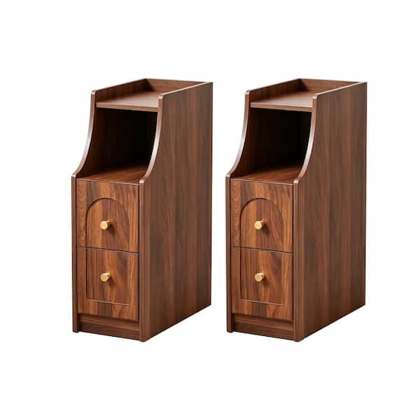 Set of Two Walnut Narrow Arched Drawer Nightstand with Built-in Charging Station, 2 Drawer Compact Side End Table