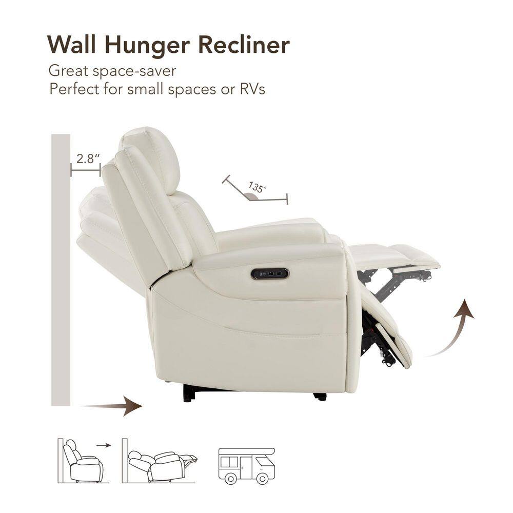 Rhea Dual Motors Cream Genuine Leather Wall Hugger Power Recliner with Cup Holders, Side Pockets, USB&Type-C Ports - thumbnail 4