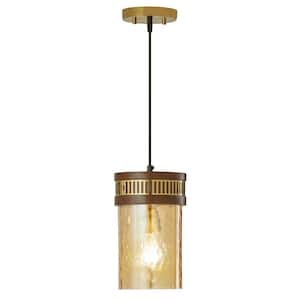 Ritta 1-Light Gold Shaded Pendant Light with Brown Mango Wood and Amber Textured Glass Cylinder Shade