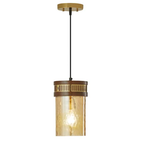 River of Goods Ritta 1-Light Gold Shaded Pendant Light with Brown Mango Wood and Amber Textured Glass Cylinder Shade