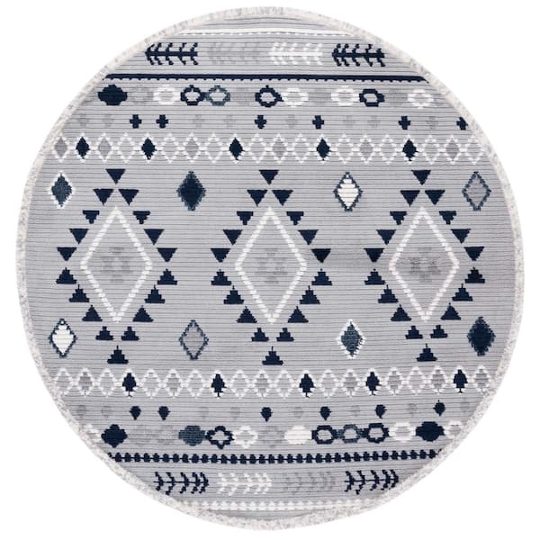 SAFAVIEH Marrakesh Gray/Navy 7 ft. x 7 ft. Round Geometric Striped Area Rug