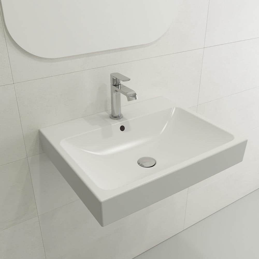Matte White Ceramic Rectangular Wall-Mounted Bathroom Sink