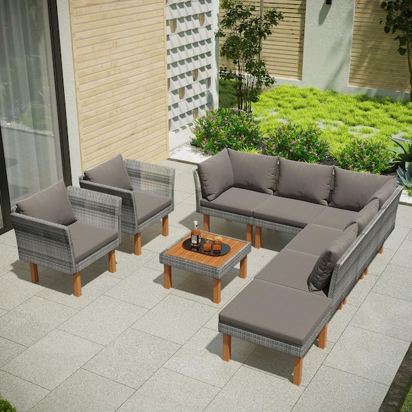 ToolCat Grey 9-Piece Wicker Patio Conversation Set with Grey Cushions