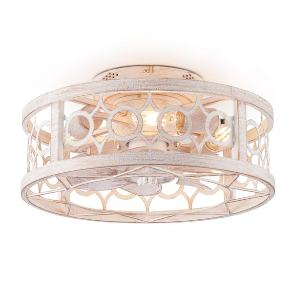 16 in. Indoor Gold/White Caged Flush Mount Ceiling Fan with Light Kit and Remote Control Included