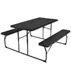 Black Foldable Metal Bench Set Picnic Outdoor Camping Table With Extension