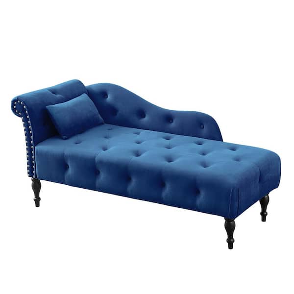 Z-joyee Blue Velvet Chaise Lounge Buttons Tufted Nailhead Trimmed Solid Wood Legs with 1-Pillow