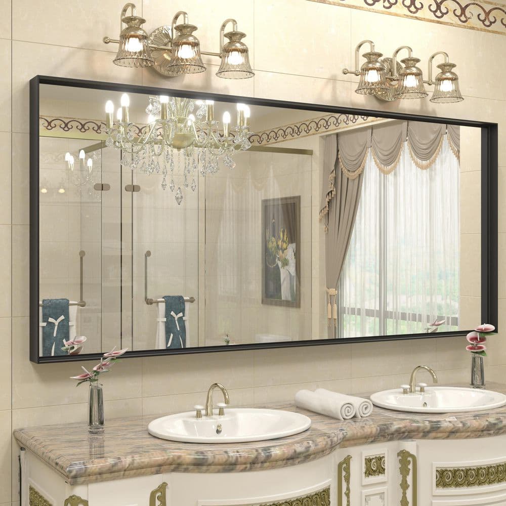 72 in. W x 32 in. H Rectangular Aluminum Alloy Framed and Tempered Glass Wall Bathroom Vanity Mirror in Matte Black price history on PriceWatchPro