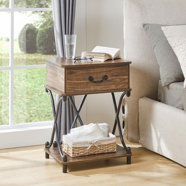 VECELO Nightstands, 1 Drawer Brown Modern Nightstand With Storage, Tall End and Side Table，23.6 in. H X 13.7 in. W X 17.7 in. D