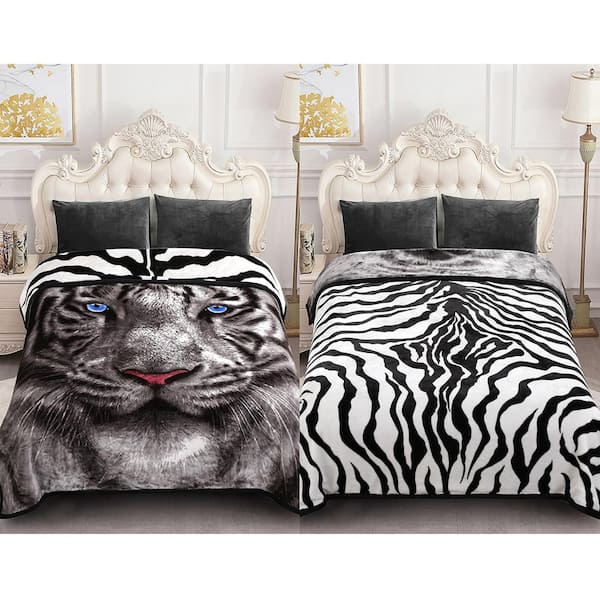 Black, White Tiger 75 in. x 87 in. Reversible Printed Fleece Mink Warm Thick Winter Blanket