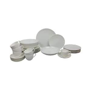 30-Piece For Me White Dinnerware Set includes 6 of each dinner plates, salad plates, pasta bowls, cups and saucers