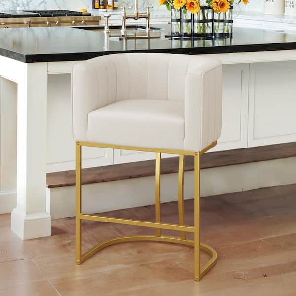 LUE BONA Siska 26 in. Modern Beige Fabric Upholstered Counter Stool with Gold Metal Frame Barrel Counter Bar Stool