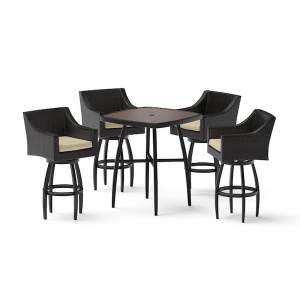 Deco 5-Piece Wicker Square Outdoor Bar Height Dining Set with Sunbrella Maxim Beige Cushions