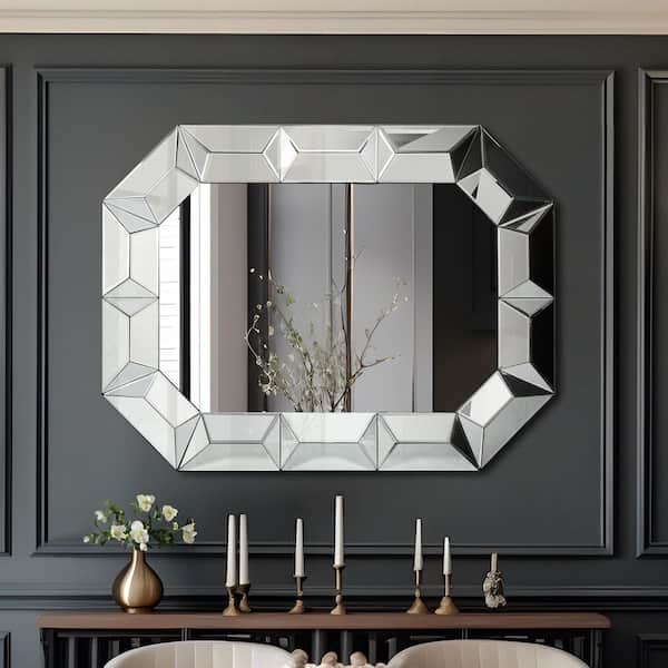 35.4 in. W x 47.2 in. H Silver Geometric Wall Mirror for Bedroom or Entryway with Modern Glam Decorative Glass Frame