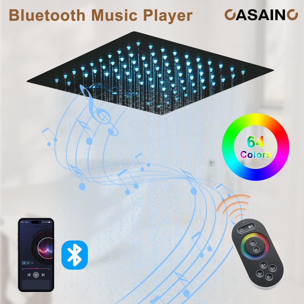 Matte Black 12" LED Rain Shower System with Bluetooth Speaker
