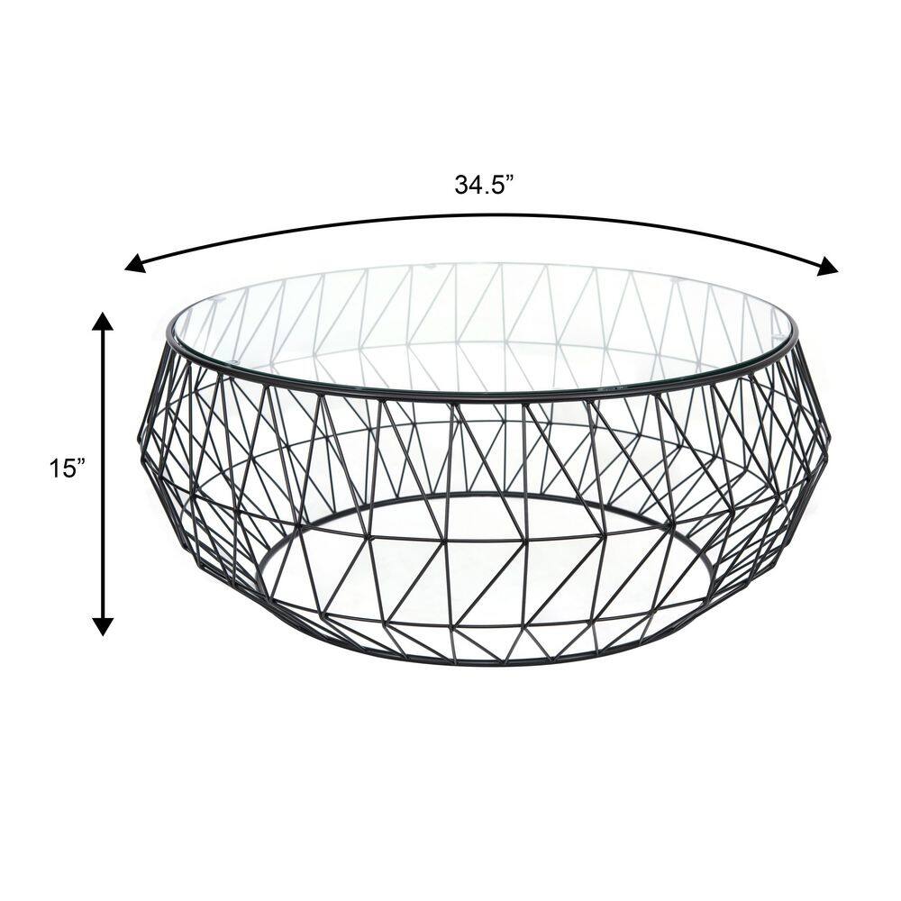 Malibu Modern 35" Round Coffee Table with Black Metal and Glass Top