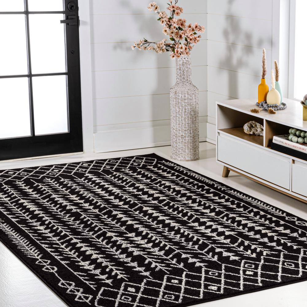3' x 5' Black and Cream Synthetic Moroccan Geometric Area Rug