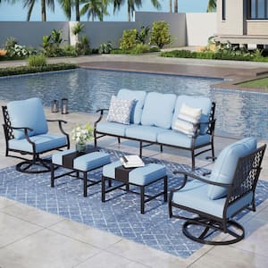 Black 5-Piece Metal Meshed 7-Seat Outdoor Patio Conversation Set with Blue Cushions,2 Swivel Chairs and 2 Ottomans