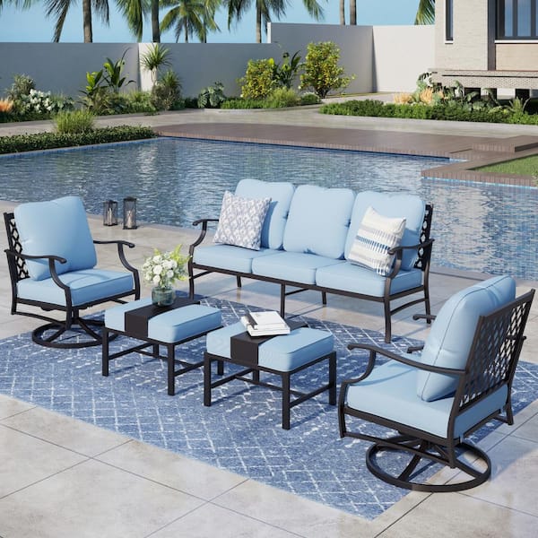PHI VILLA Black 5-Piece Metal Meshed 7-Seat Outdoor Patio Conversation Set with Blue Cushions,2 Swivel Chairs and 2 Ottomans