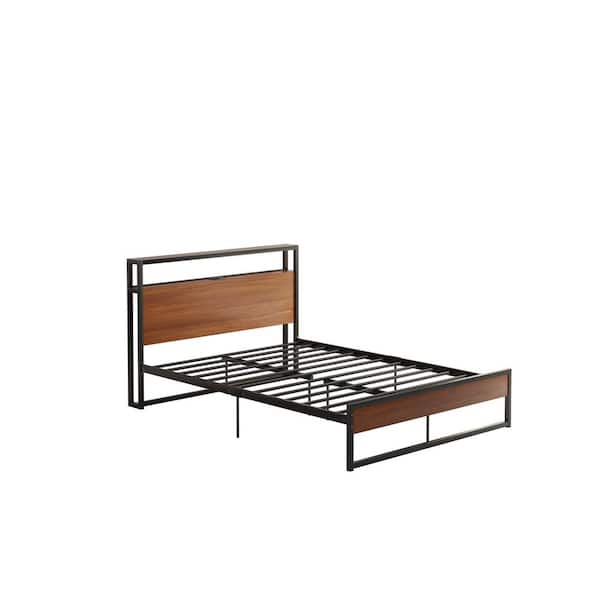 wetiny 55.6 in.W Black Full Size Metal Frame With A Sockets,USB Ports And Slat Support Platform Bed