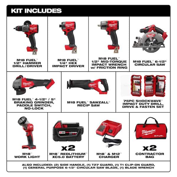 M18 FUEL 18V Brushless 7-Tool Combo Kit  (2) 5.0Ah Batteries, Charger, 2 Bags with SHOCKWAVE 75-Pc Bit Set