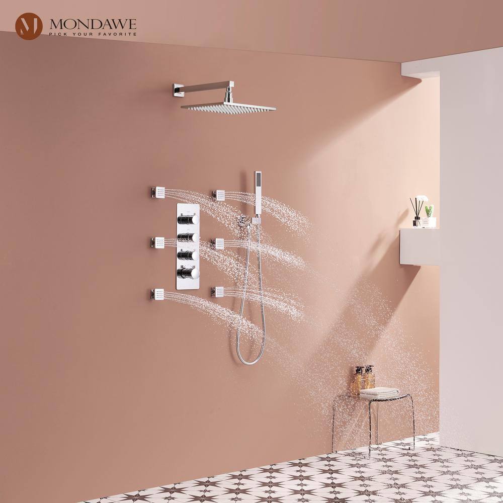 12 Inch Chrome LED Wall Mounted Rain Shower System with Handheld and Body Jets
