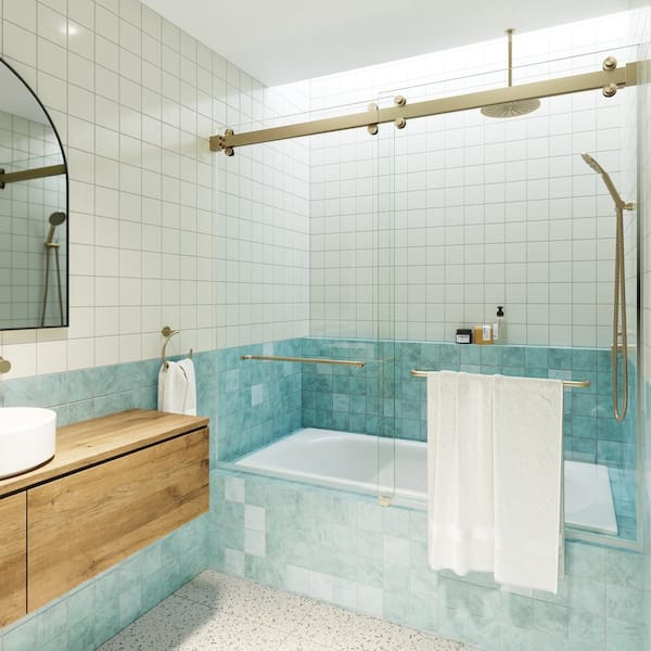 Glass Warehouse Polaris 60 in. W x 66 in. H Sliding Frameless Bathtub Door with Square Hardware in Brushed Bronze with Clear Glass