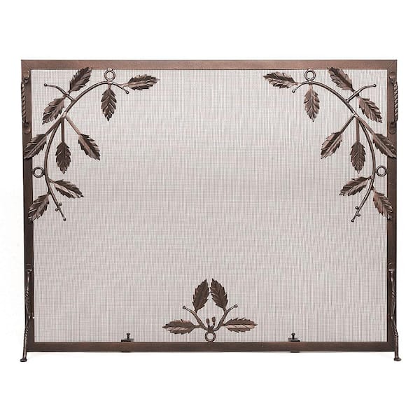 Roman 38 in. L Bronze 1-Panel Weston Flat Fireplace Screen with Leaves Design