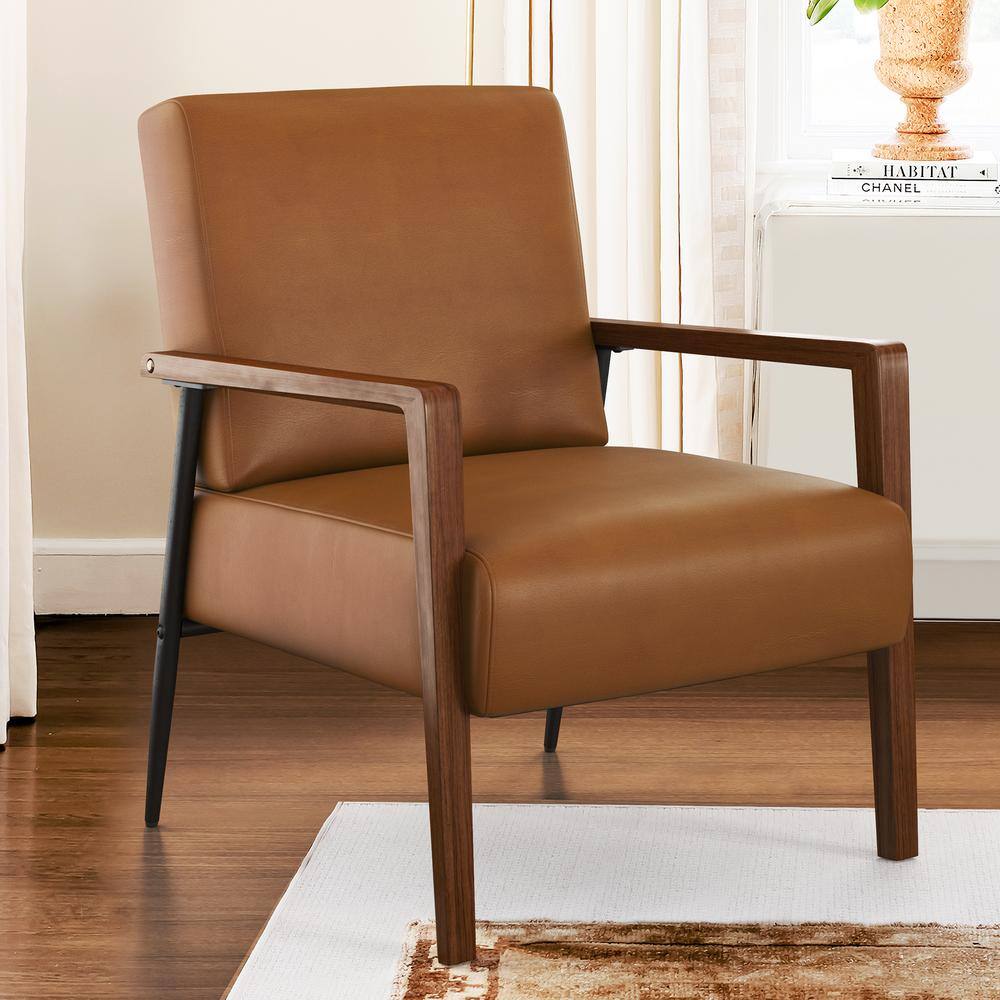 cozyman Absolon MidCentury Whiskey Brown Genuine Leather Accent Arm chair with Walnut Ruberwood