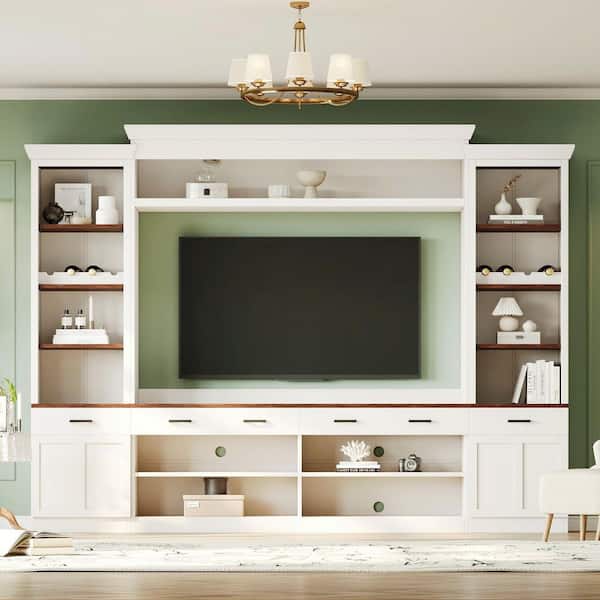 Entertainment Wall Unit Set, White and Walnut TV Stand Fits TVs up to 70 in. with Adjustable Shelves, Wine Rack