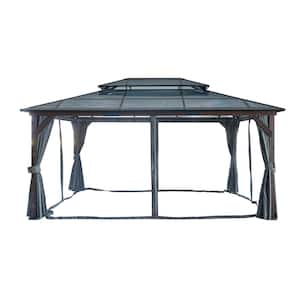 12 ft. x 16 ft. Black Hardtop Cedar Gazebo w/Double Metal Roof Solid Wood Framed, Privacy Curtains And Mosquito Nettings