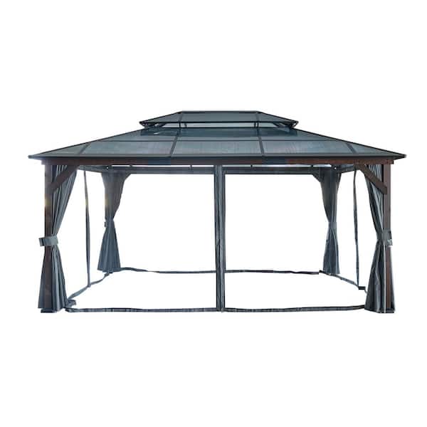 Unbranded 12 ft. x 16 ft. Black Hardtop Cedar Gazebo w/Double Metal Roof Solid Wood Framed, Privacy Curtains And Mosquito Nettings