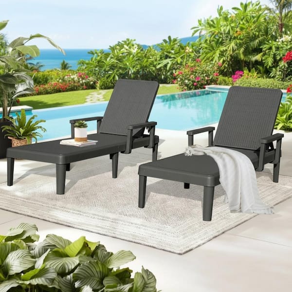 Gray Resin Waterproof Pool Lounge Chairs Set of 2 with 6 Positions
