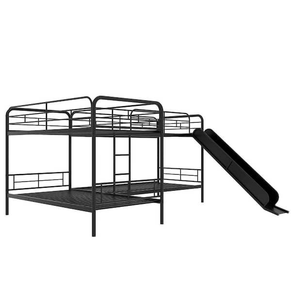 Quad Bunk Beds with Slide L-Shape Bunk Bed for 4 Twin Over Twin Metal  Bunked Frame for Kids Boys Girls Teens, Black