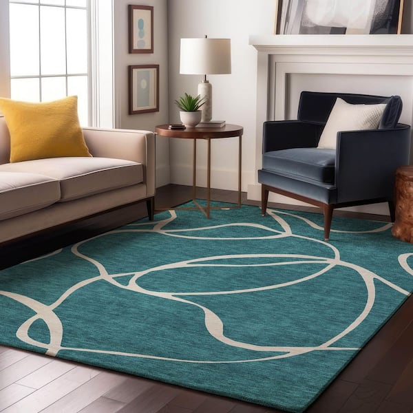 Mayfield Premium Machine Washable Abstract AMF999 Teal 8 ft. x 10 ft. Area Rug
