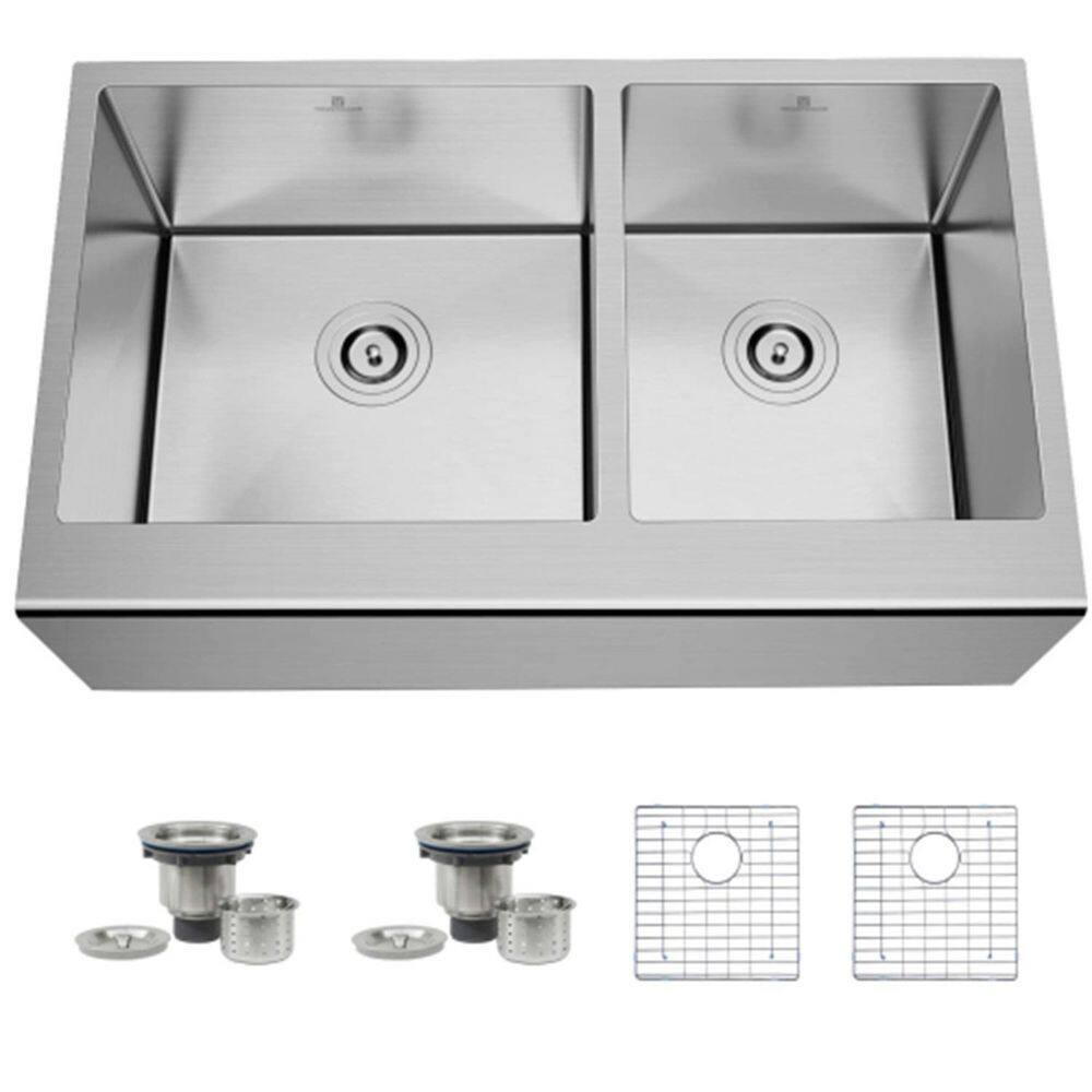 Silver Stainless Steel 33 in. Double Bowl Farmhouse Apron Front Workstation Kitchen Sink with Bottom Grid