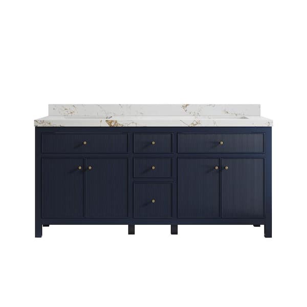 Willow Collections Sonoma 72 in. Double Sink Freestanding Navy Blue Bath Vanity with Viola Gold Quatrz Top Unassembled