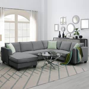 112 in W Flared Arm Fabric L Shaped Sofa Corner Couch Set in Gray with Reversible Ottoman and 3-Pillows